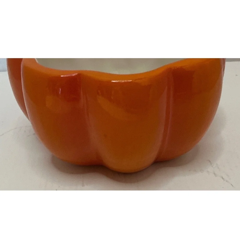 Hand Painted Earthenware Pumpkin Bowl Orange Scalloped Fall Decor 6 Inch